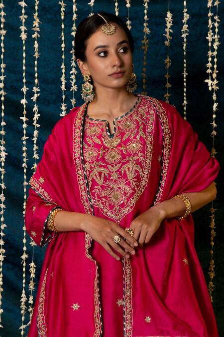 Maison Shefali_Pink Chanderi Silk, Modal Embroidery, Zari Gulaab Floral Zardozi Kurta Set _at_Aza_Fashions