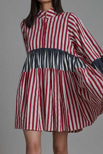 MATI_Off White 100% Cotton Striped High Neck Uno Pattern Dress_Online_at_Aza_Fashions