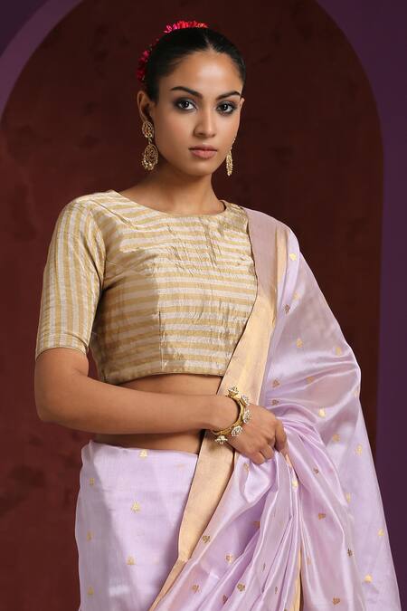 Weaver Story_Gold Chanderi Round Neck Handwoven Striped Blouse_Online_at_Aza_Fashions