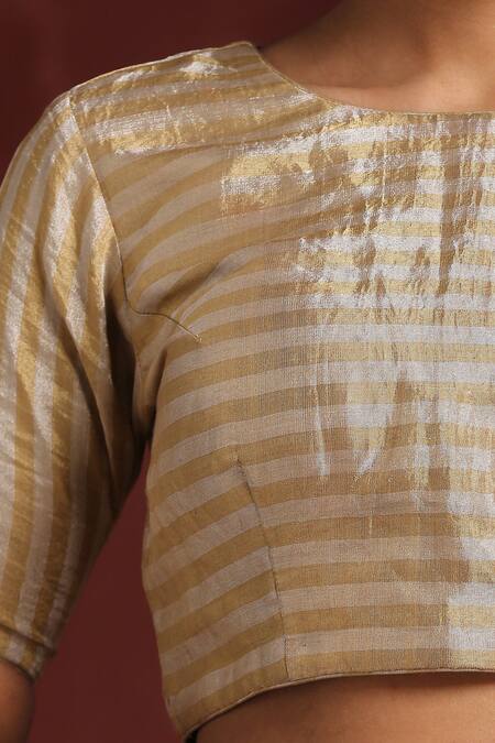 Buy_Weaver Story_Gold Chanderi Round Neck Handwoven Striped Blouse_Online_at_Aza_Fashions