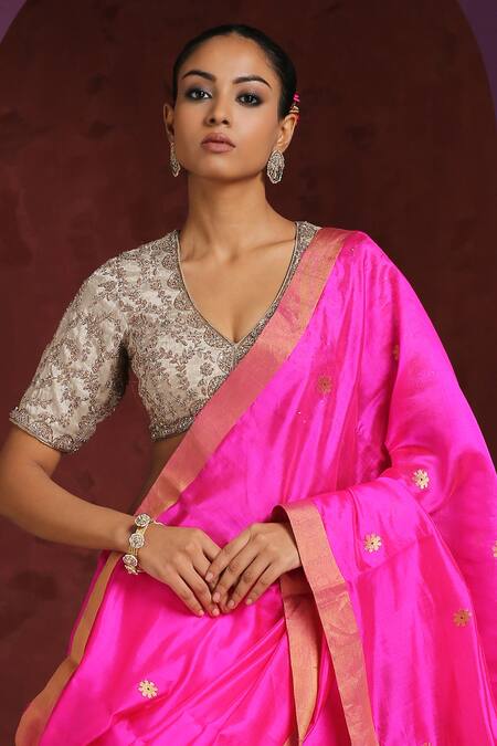 Buy Pink Raw Silk Embroidery Zardozi V Neck Front Tie Up Saree Blouse For  Women by Weaver Story Online at Aza Fashions.