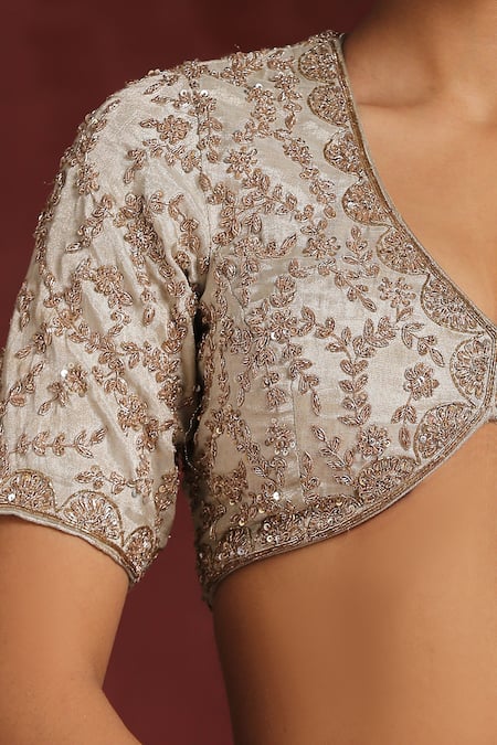 Buy_Weaver Story_Grey Tissue Embroidery V-neck Zardozi Jaal Blouse _Online_at_Aza_Fashions