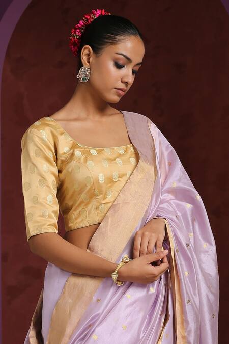Weaver Story_Gold Satin, Silk Embroidery Scoop Neck Blouse_Online_at_Aza_Fashions