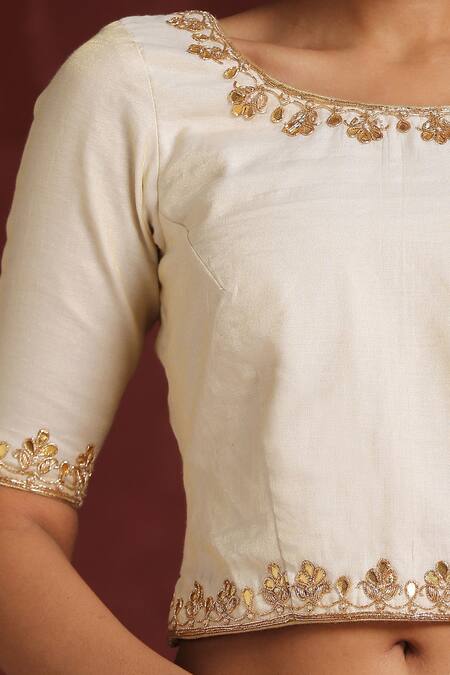 Buy_Weaver Story_White Chanderi Gota Patti, Zari Scoop Neck Blouse _Online_at_Aza_Fashions