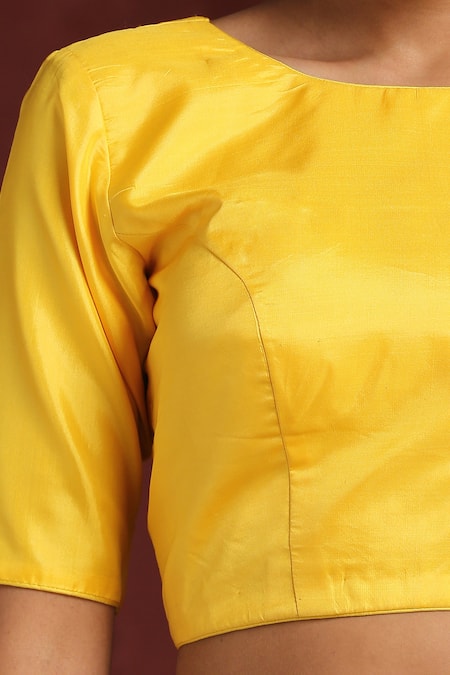 Buy_Weaver Story_Yellow Silk Round Neck Plain Pure Blouse _Online_at_Aza_Fashions