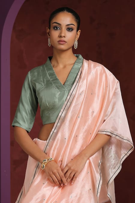 Weaver Story_Green Silk V-neck V Blouse _Online_at_Aza_Fashions