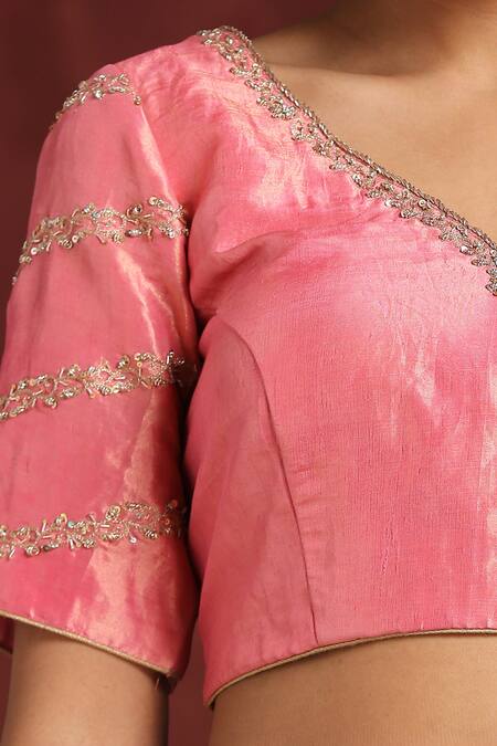 Buy_Weaver Story_Pink Tissue Zari V-neck Neckline Embroidered Blouse _Online_at_Aza_Fashions