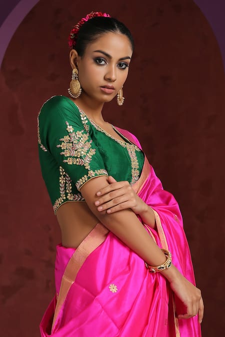 The Epic Color Combination to Look Bright on Green Sarees • Keep Me Stylish  | Blouse design models, Pink blouse designs, Silk saree blouse designs