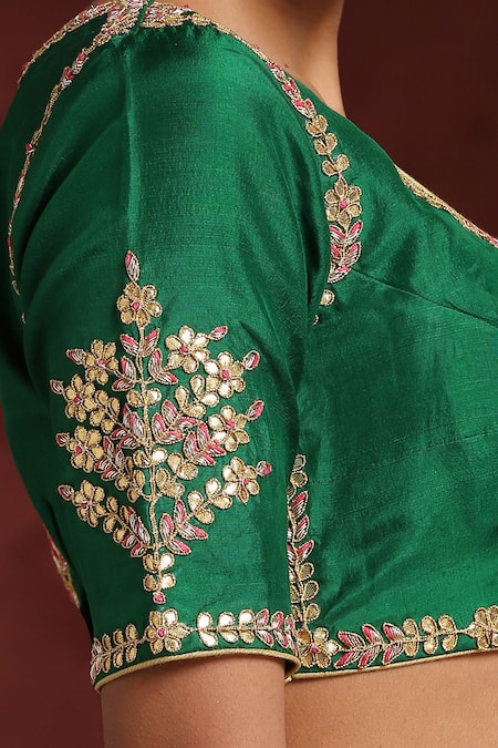 Buy_Weaver Story_Green Silk Zari, Gota Patti Scoop Neck Floral Embroidered Blouse _Online_at_Aza_Fashions