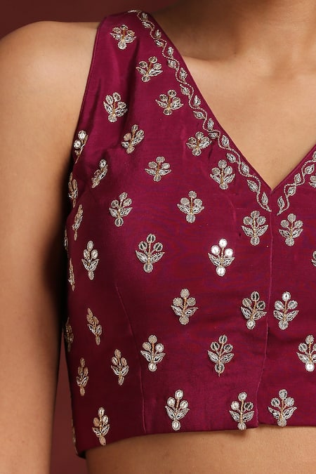 Buy_Weaver Story_Wine Crepe Embroidery V-neck Hand Blouse _Online_at_Aza_Fashions