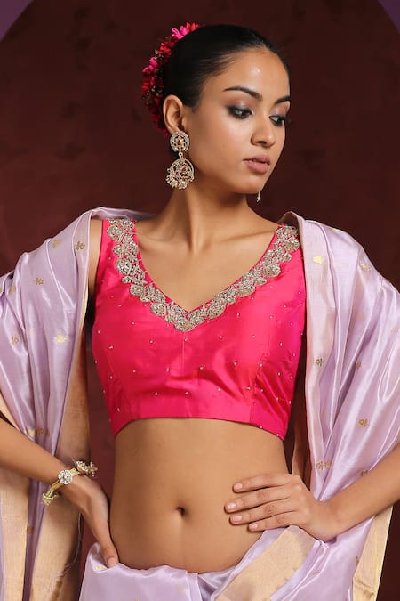 Weaver Story_Pink Silk Embroidery V-neck Raw Hand Blouse _Online_at_Aza_Fashions