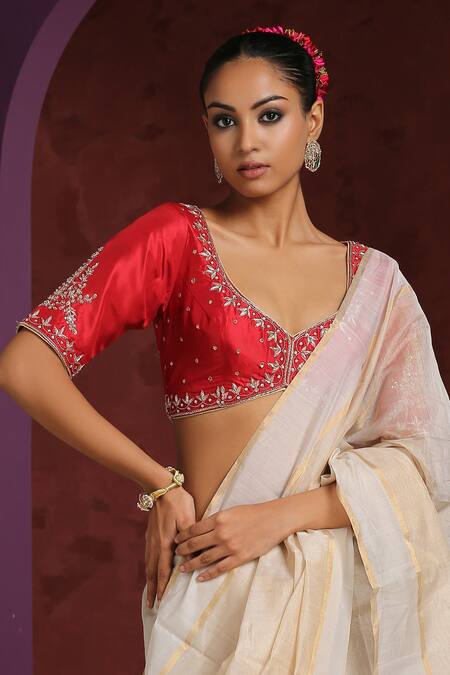 Weaver Story_Red Silk Embroidery Plunge Neck Pure Zardozi Hand Blouse _Online_at_Aza_Fashions