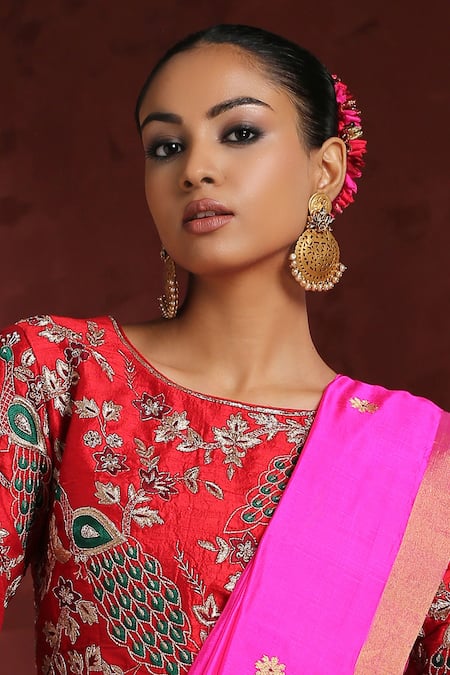 Weaver Story_Red Silk Embroidery Round Neck Peacock Raw Blouse _Online_at_Aza_Fashions