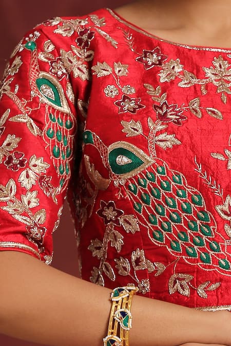 Buy_Weaver Story_Red Silk Embroidery Round Neck Peacock Raw Blouse _Online_at_Aza_Fashions
