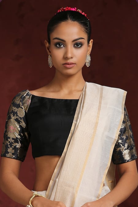 Weaver Story_Black Silk, Brocade Embroidery Boat Neck Handcrafted Raw Blouse_Online_at_Aza_Fashions