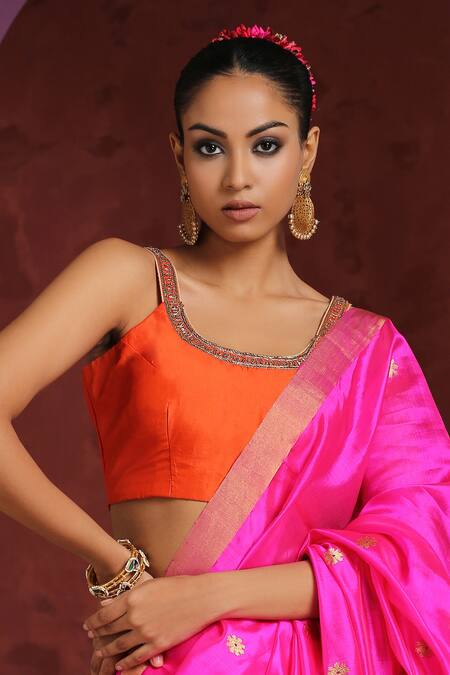 Weaver Story_Orange Silk Embroidery Round Neck Pure Neckline Blouse _Online_at_Aza_Fashions