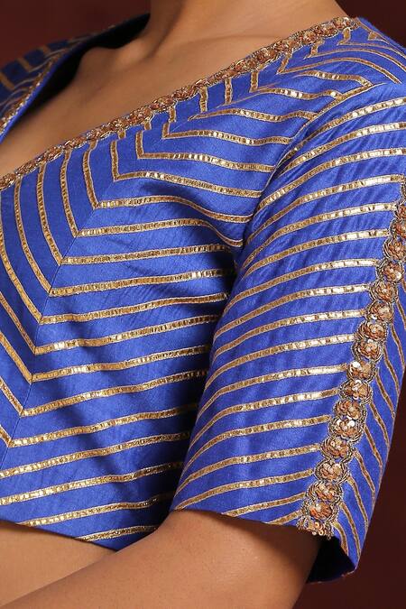 Buy_Weaver Story_Blue Mohair Gota Patti, Zari V-neck Chevron Blouse _Online_at_Aza_Fashions