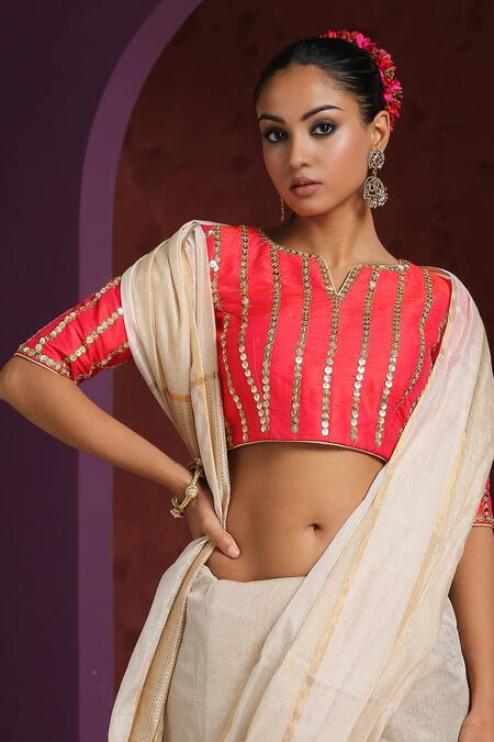 Weaver Story_Red Silk Sequins Split V-neck Raw Striped Embroidered Blouse _Online_at_Aza_Fashions