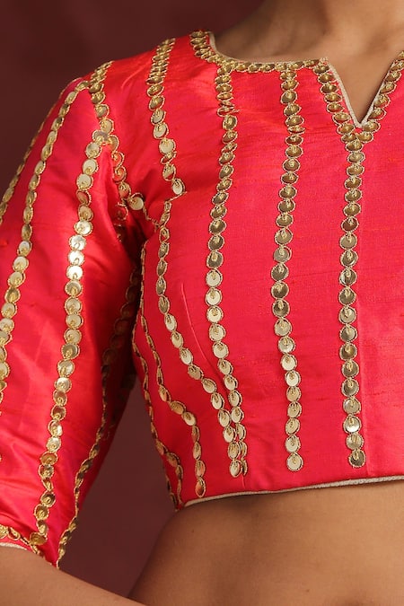 Buy_Weaver Story_Red Silk Sequins Split V-neck Raw Striped Embroidered Blouse _Online_at_Aza_Fashions