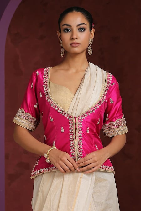 Weaver Story_Pink Satin, Silk Embroidery Plunge Neck Mughal Border Jacket Top _Online_at_Aza_Fashions