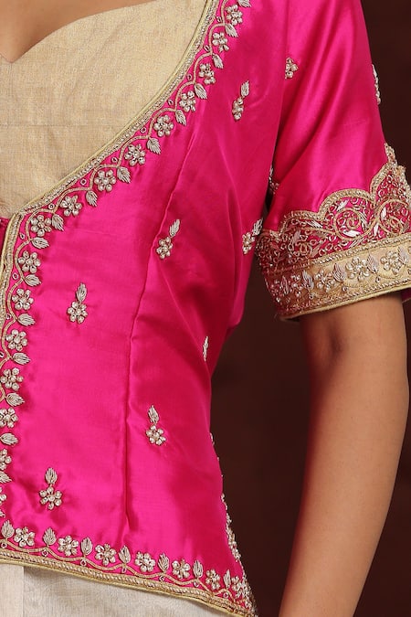 Buy_Weaver Story_Pink Satin, Silk Embroidery Plunge Neck Mughal Border Jacket Top _Online_at_Aza_Fashions