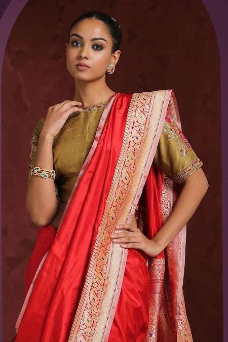 Weaver Story_Gold Silk Embroidery Round Neck Bird Hand Blouse _Online_at_Aza_Fashions