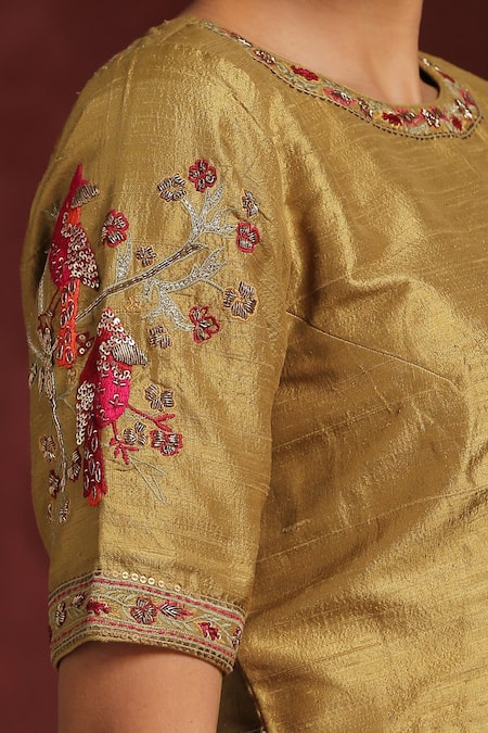Buy_Weaver Story_Gold Silk Embroidery Round Neck Bird Hand Blouse _Online_at_Aza_Fashions