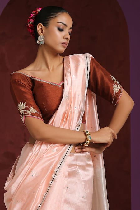 Weaver Story_Brown Silk Embroidery V-neck Lotus Hand Blouse _Online_at_Aza_Fashions