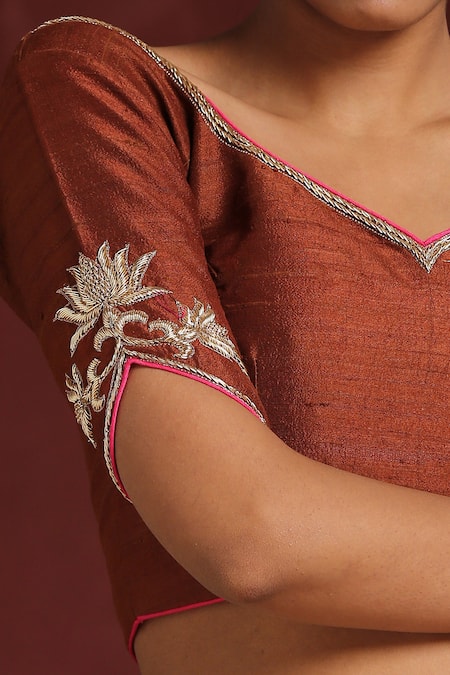 Buy_Weaver Story_Brown Silk Embroidery V-neck Lotus Hand Blouse _Online_at_Aza_Fashions