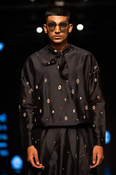 Antar Agni_Black Cotton, Silk Embroidery Cluster Blob T-shirt _at_Aza_Fashions