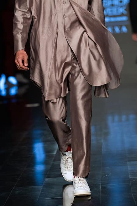 Antar Agni_Grey Cotton, Silk Moth Cut Trouser _Online_at_Aza_Fashions