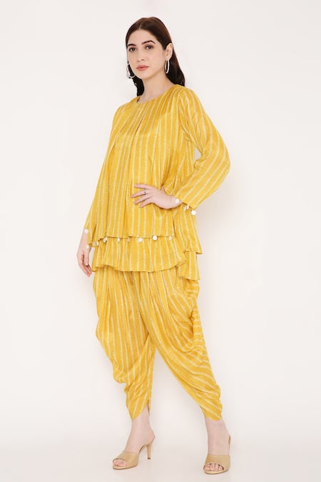 Bha Sha Yellow Muslin, Linen Sequins Round Muskan Printed Short Tunic And Draped Pant Set Online at Aza Fashions Bha Sha_Yellow Muslin, Linen Sequins Round Muskan Printed Short Tunic And Draped Pant Set _Online_at_Aza_Fashions