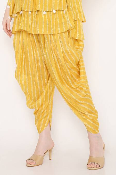 Bha Sha Yellow Muslin, Linen Sequins Round Muskan Printed Short Tunic And Draped Pant Set at Aza Fashions Bha Sha_Yellow Muslin, Linen Sequins Round Muskan Printed Short Tunic And Draped Pant Set _at_Aza_Fashions