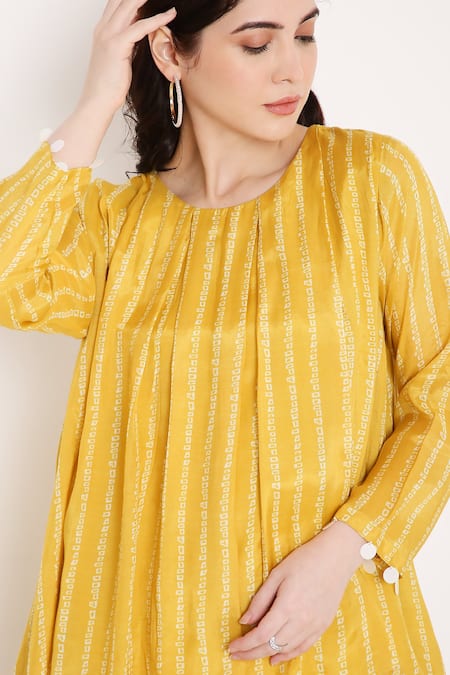 Buy Bha Sha Yellow Muslin, Linen Sequins Round Muskan Printed Short Tunic And Draped Pant Set Online at Aza Fashions Buy_Bha Sha_Yellow Muslin, Linen Sequins Round Muskan Printed Short Tunic And Draped Pant Set _Online_at_Aza_Fashions