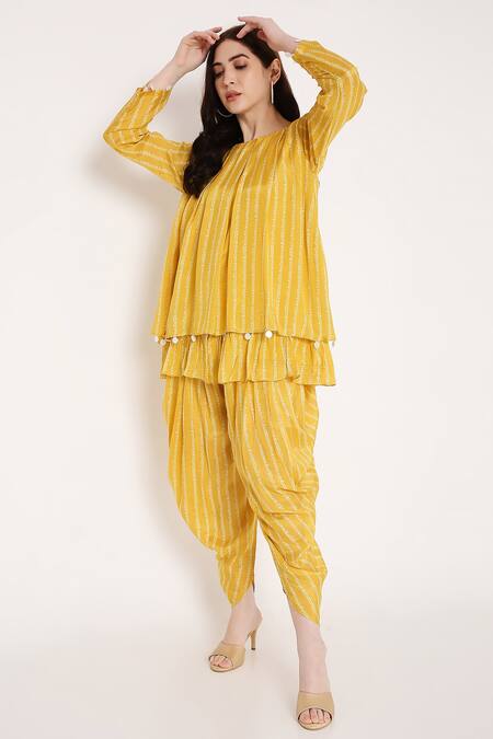 Shop Bha Sha Yellow Muslin, Linen Sequins Round Muskan Printed Short Tunic And Draped Pant Set Online at Aza Fashions Shop_Bha Sha_Yellow Muslin, Linen Sequins Round Muskan Printed Short Tunic And Draped Pant Set _Online_at_Aza_Fashions