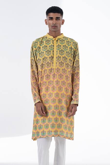 Siddhartha Bansal_Yellow Chanderi Printed Floral Sunkissed Ombre Kurta Set _Online_at_Aza_Fashions