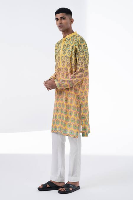 Buy_Siddhartha Bansal_Yellow Chanderi Printed Floral Sunkissed Ombre Kurta Set _Online_at_Aza_Fashions