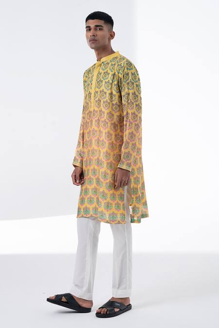Shop_Siddhartha Bansal_Yellow Chanderi Printed Floral Sunkissed Ombre Kurta Set _Online_at_Aza_Fashions