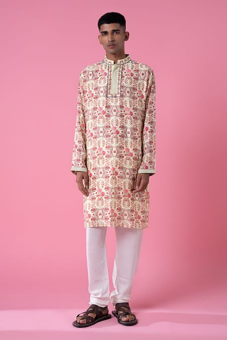 Siddhartha Bansal_Multi Color Chanderi Hand Painted Jasmine Kurta Set  _Online_at_Aza_Fashions