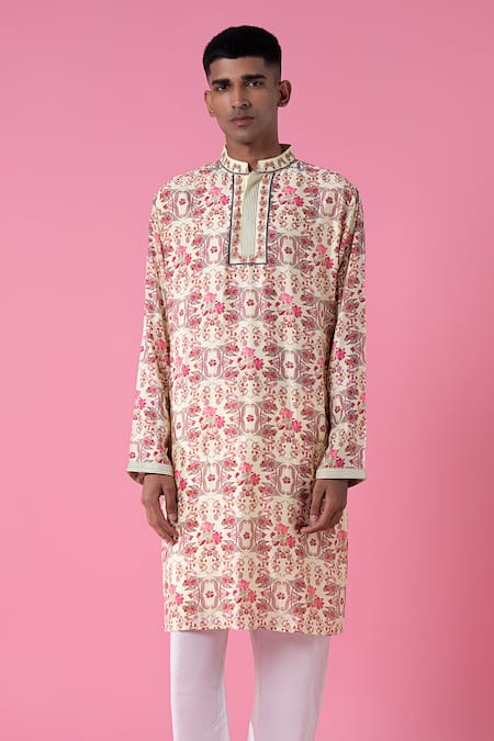 Buy_Siddhartha Bansal_Multi Color Chanderi Hand Painted Jasmine Kurta Set  _Online_at_Aza_Fashions