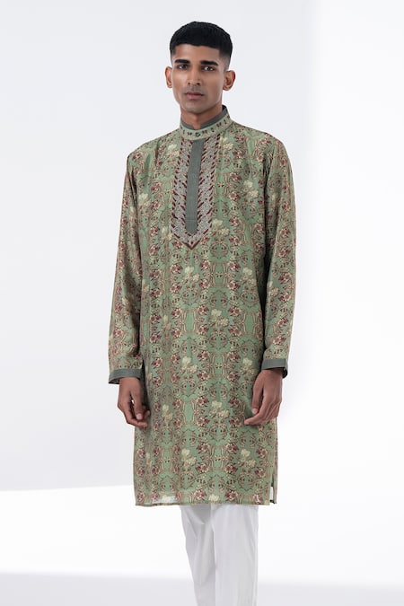 Siddhartha Bansal_Green Chanderi Embroidery Anchor Royal Chintz Kurta Set  _Online_at_Aza_Fashions