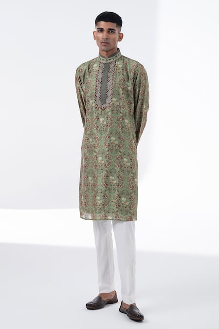 Buy_Siddhartha Bansal_Green Chanderi Embroidery Anchor Royal Chintz Kurta Set  _Online_at_Aza_Fashions