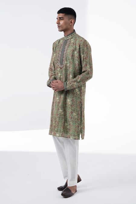Shop_Siddhartha Bansal_Green Chanderi Embroidery Anchor Royal Chintz Kurta Set  _Online_at_Aza_Fashions