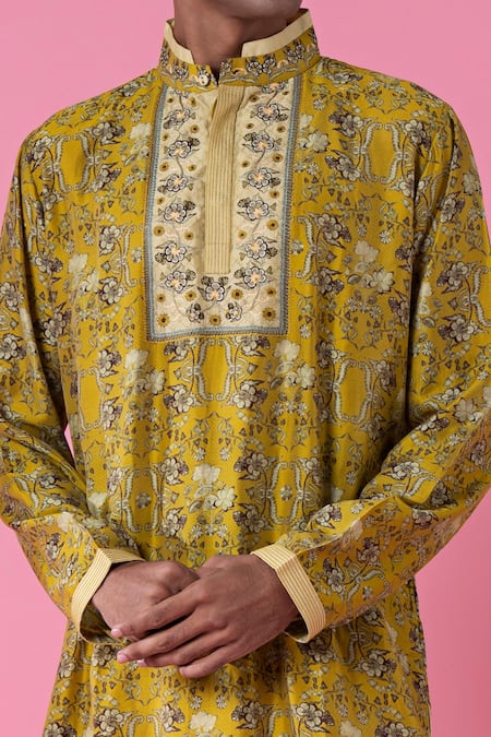 Siddhartha Bansal_Yellow Chanderi Printed Midday Meadow Royal Chintz Embroidered Kurta Set  _Online_at_Aza_Fashions