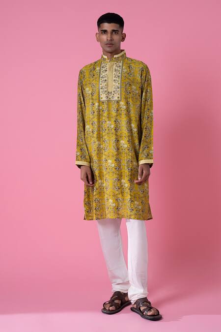 Buy_Siddhartha Bansal_Yellow Chanderi Printed Midday Meadow Royal Chintz Embroidered Kurta Set  _Online_at_Aza_Fashions