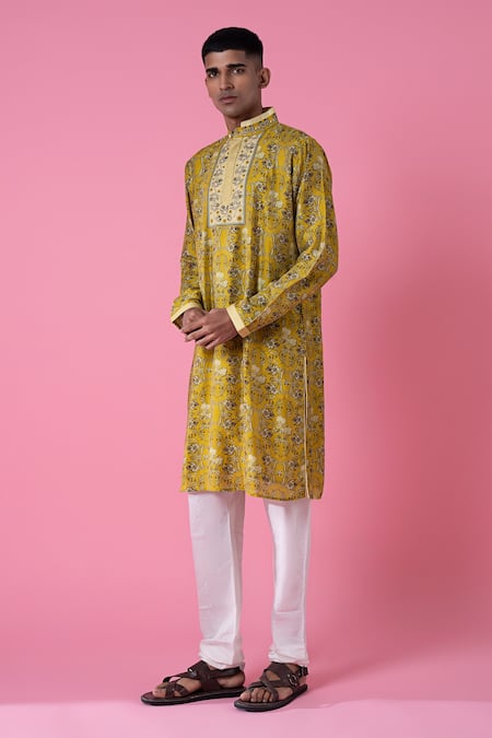 Shop_Siddhartha Bansal_Yellow Chanderi Printed Midday Meadow Royal Chintz Embroidered Kurta Set  _Online_at_Aza_Fashions