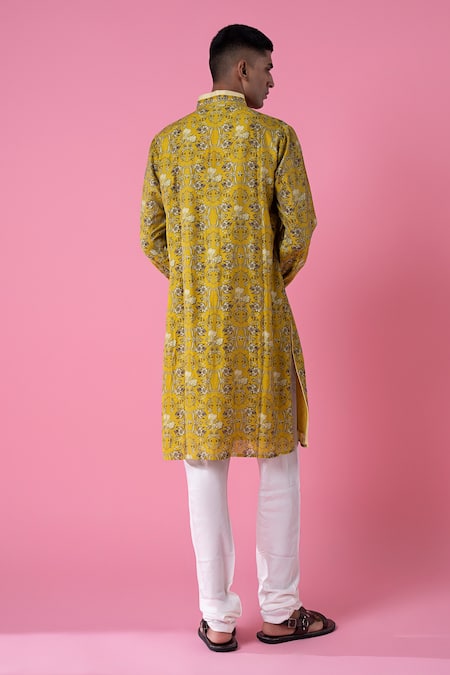 Siddhartha Bansal_Yellow Chanderi Printed Midday Meadow Royal Chintz Embroidered Kurta Set  _at_Aza_Fashions