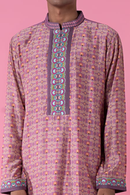 Siddhartha Bansal_Purple Chanderi Printed Geometric Kurta Set  _Online_at_Aza_Fashions