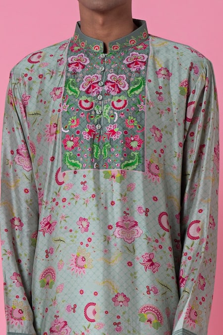 Siddhartha Bansal_Green Chanderi Printed Wild Flower Kurta Set  _Online_at_Aza_Fashions