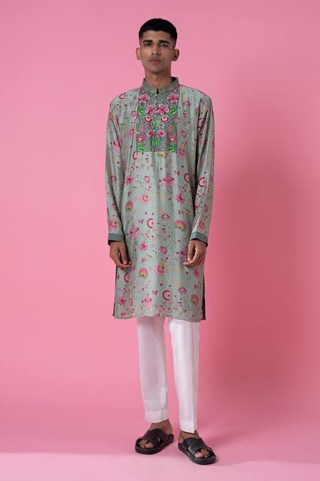 Buy_Siddhartha Bansal_Green Chanderi Printed Wild Flower Kurta Set  _Online_at_Aza_Fashions
